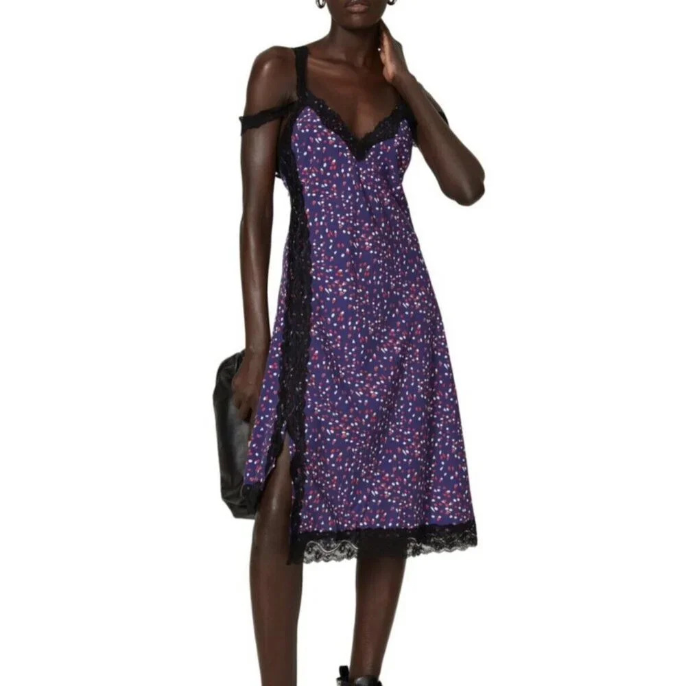 KOCHE Collective Slip Dress‎ Womens Sz 36 3XS Purple Black Lace Trim Slit Dot